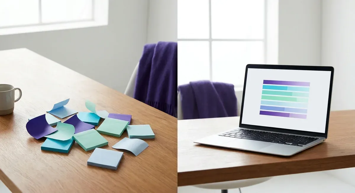 Chaotische post-its die overgaan in geordende digitale rijen op een scherm — voorbeeldweergave