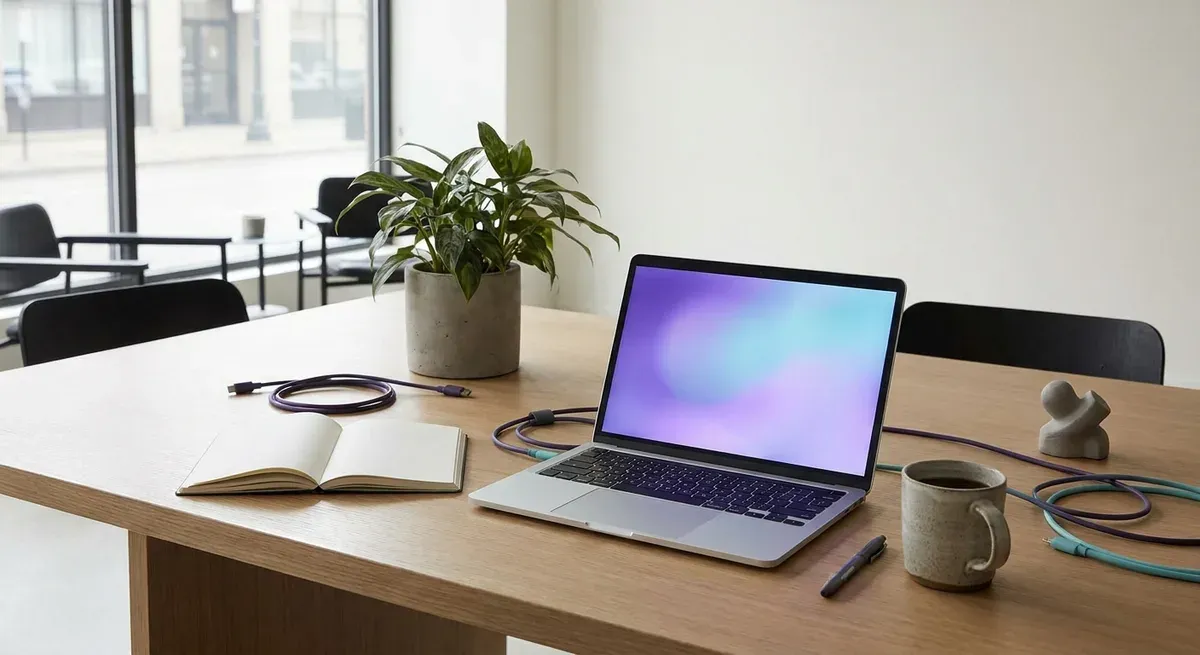 Laptop met huisstijlkleuren op scherm — voorbeeldweergave