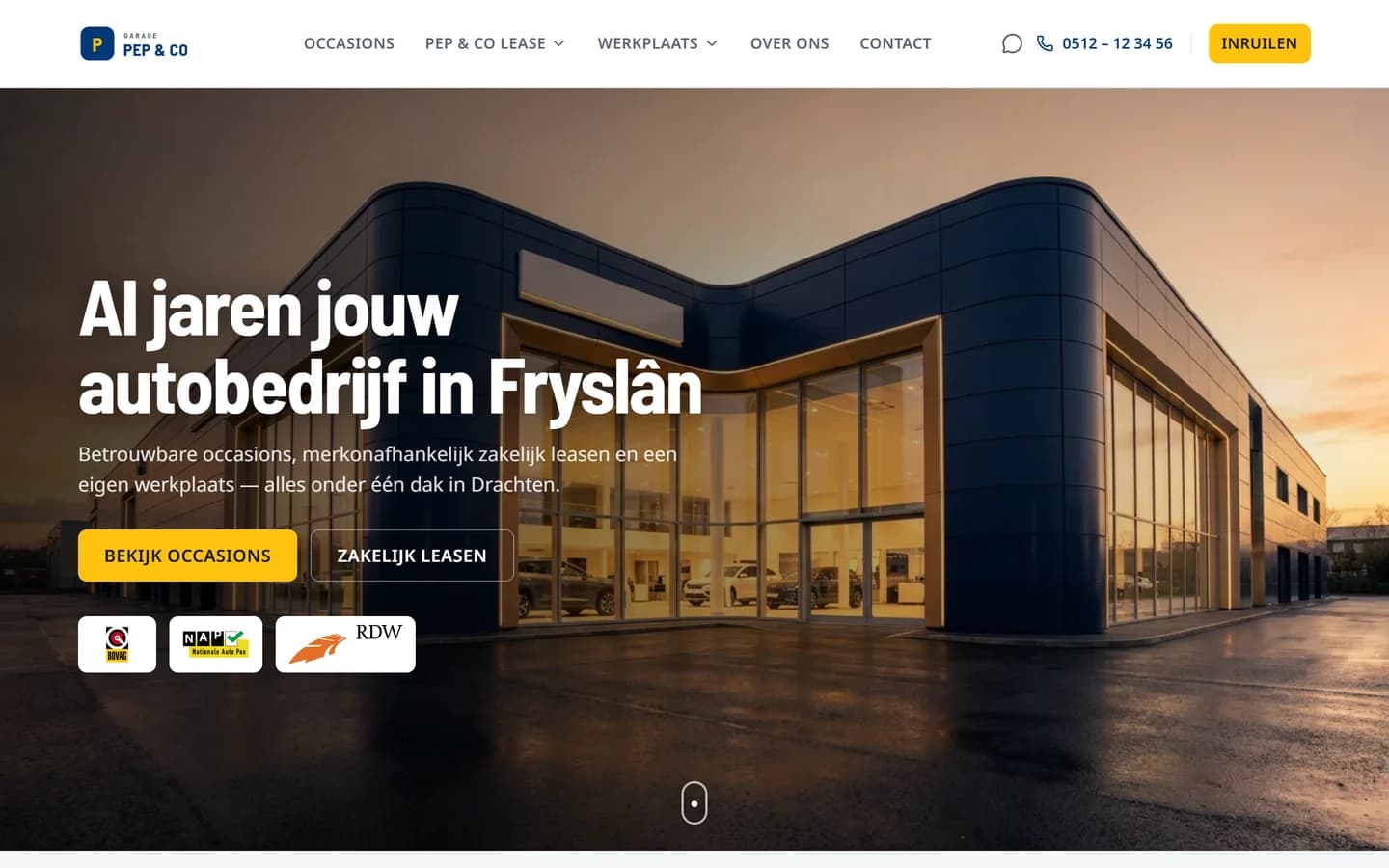 Autobedrijf-template — homepagina op desktop