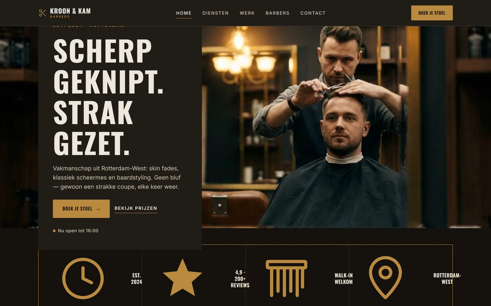 Barbershop-template — homepagina op desktop