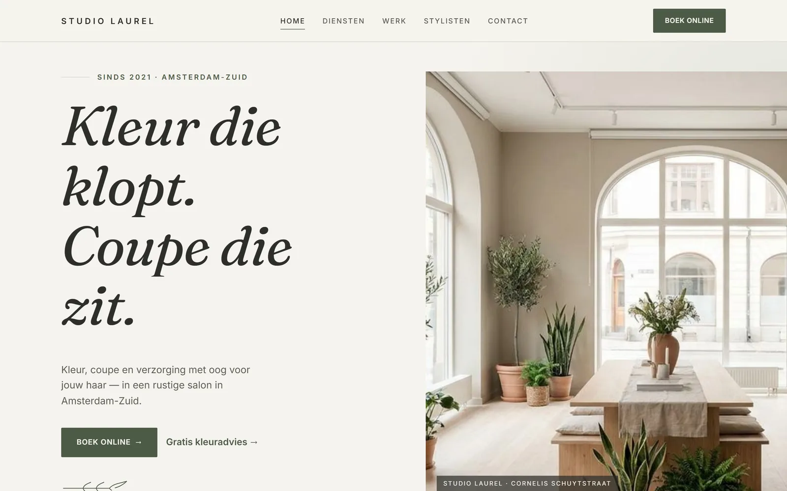 Dameskapsalon-template — homepagina op desktop
