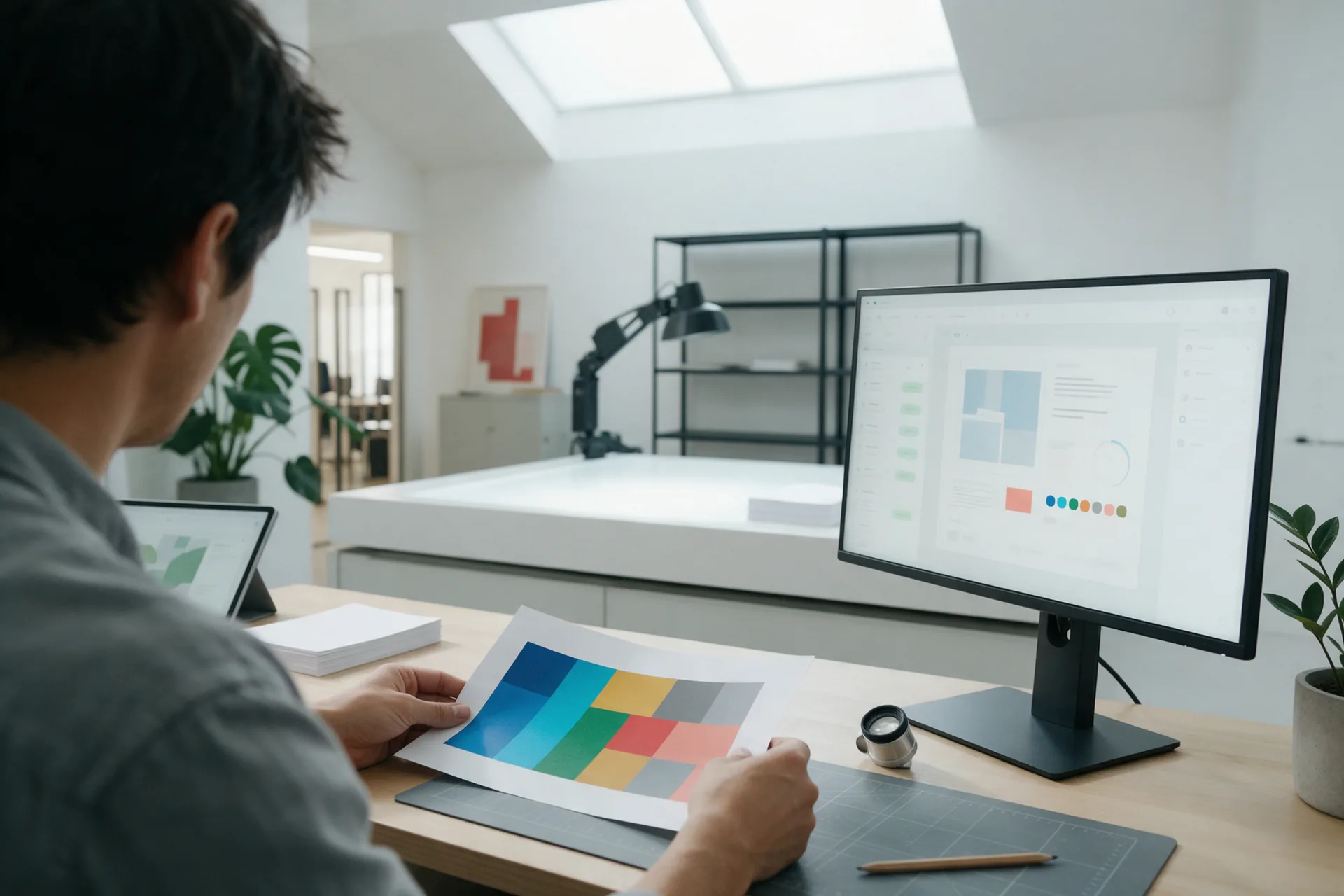 AI-gegenereerde reportagefoto: drukker vergelijkt een proefdruk met de opmaak- en kleurbeheerapp op het scherm in een moderne drukkerij