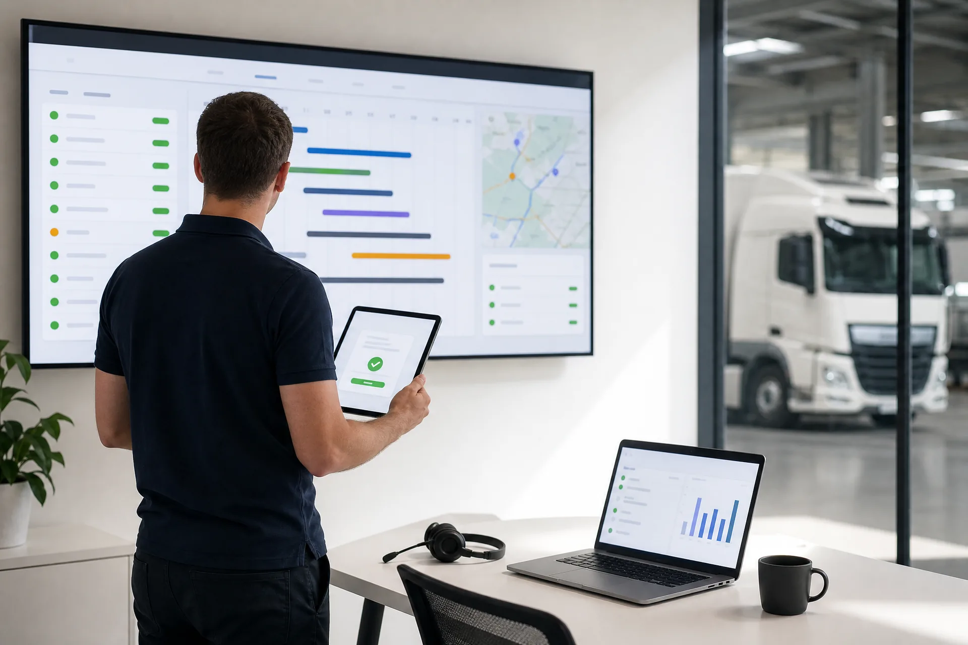 AI-gegenereerde reportagefoto: planner van een transportbedrijf bekijkt het live planbord op een wanddisplay en bevestigt een verzette rit op de tablet