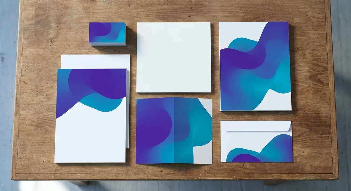 Complete huisstijlset — visitekaartjes, briefpapier, brochure en envelop in dezelfde stijl — voorbeeldweergave