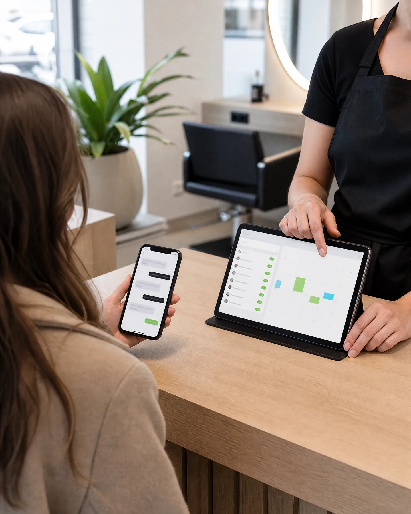 AI-gegenereerde reportagefoto: klant aan de balie van een salon toont een chatgesprek met een assistent op de telefoon, medewerker bevestigt op de tablet