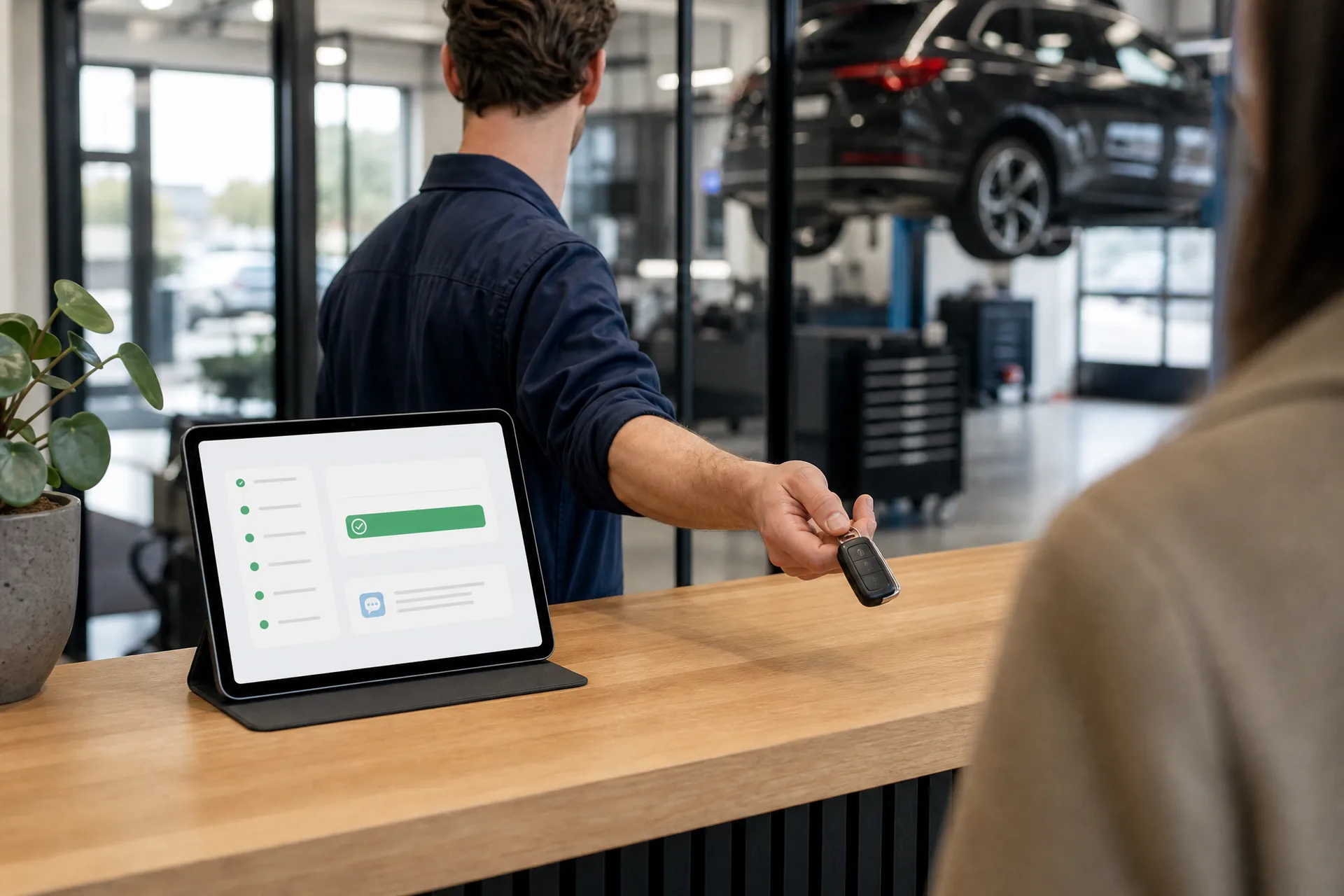 AI-gegenereerde reportagefoto: monteur overhandigt autosleutels aan de balie terwijl de digitale werkbon op de tablet op afgerond staat en de klant is geïnformeerd