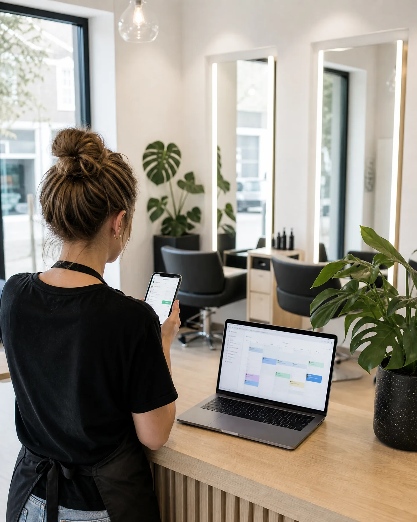 AI-gegenereerde reportagefoto: kapster in een moderne salon leest een nieuwe afspraak in de boekingsapp op haar telefoon, salonagenda op de laptop
