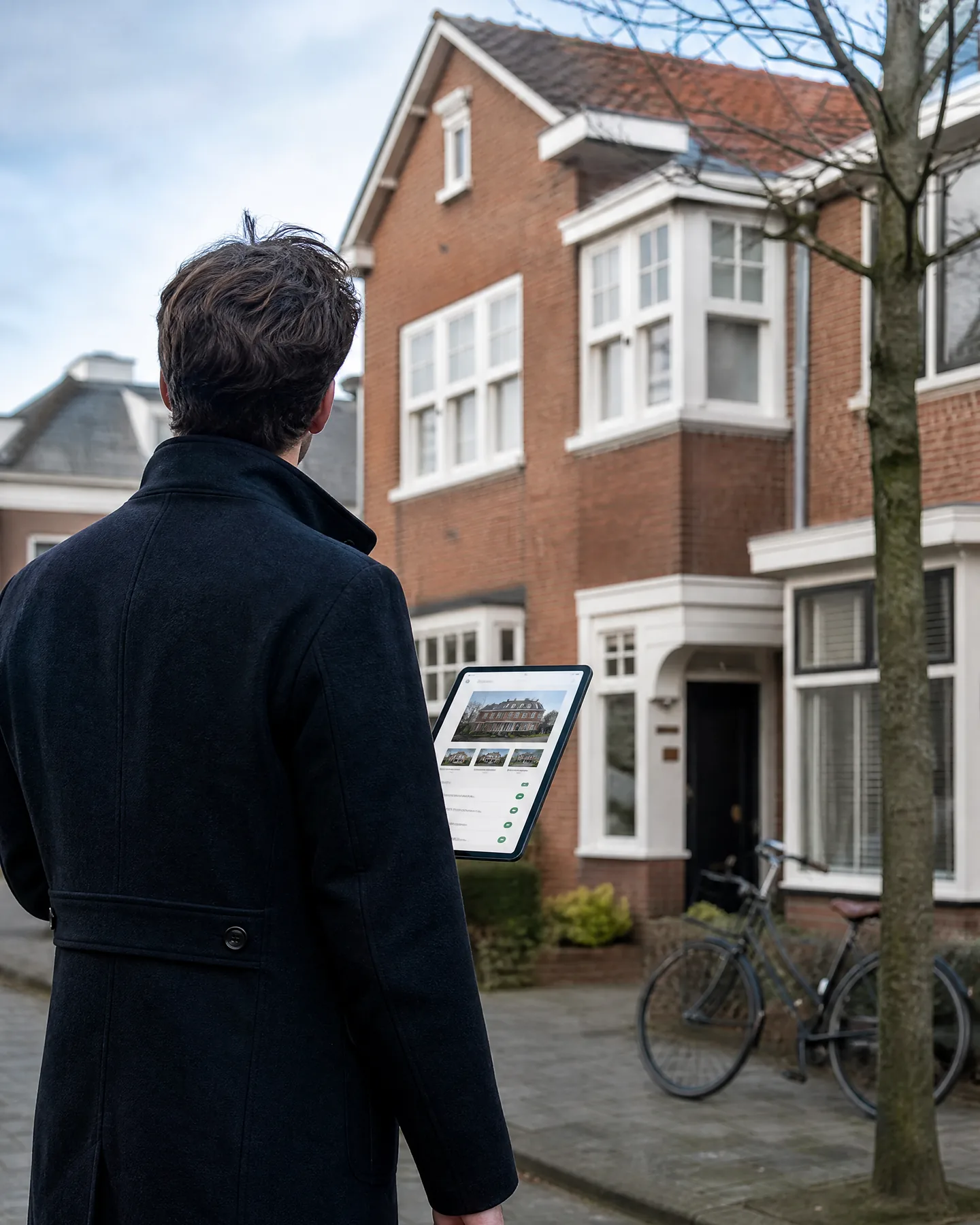 AI-gegenereerde reportagefoto: makelaar met tablet en sleutels bekijkt de woningpresentatie en bezichtigingsaanvragen voor een jaren-30-woning
