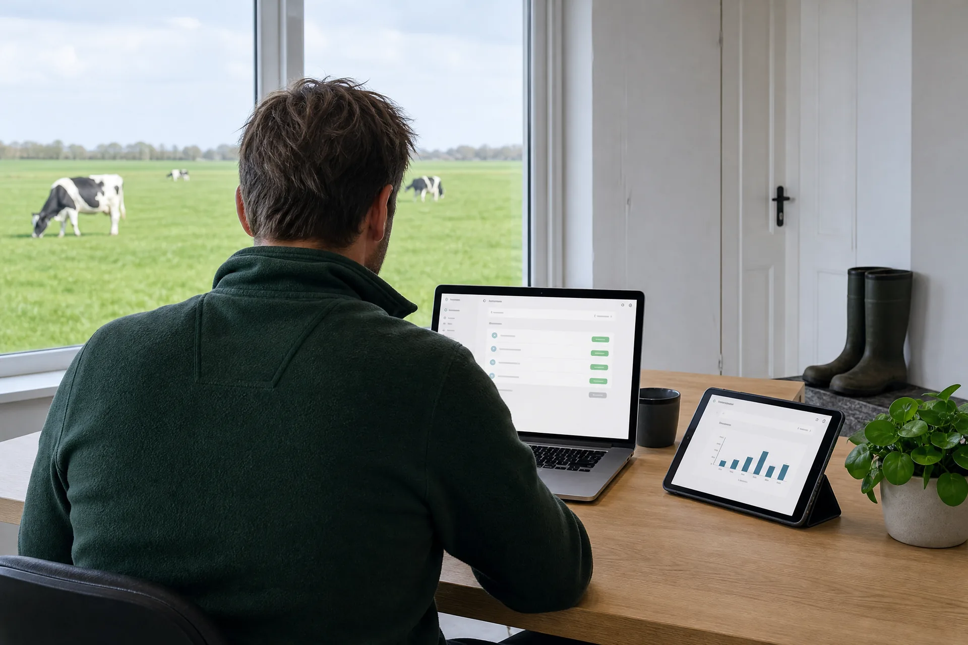 AI-gegenereerde reportagefoto: boer op een Fries melkveebedrijf ziet op de laptop dat de inkoopfacturen automatisch zijn verwerkt, weiland achter het raam
