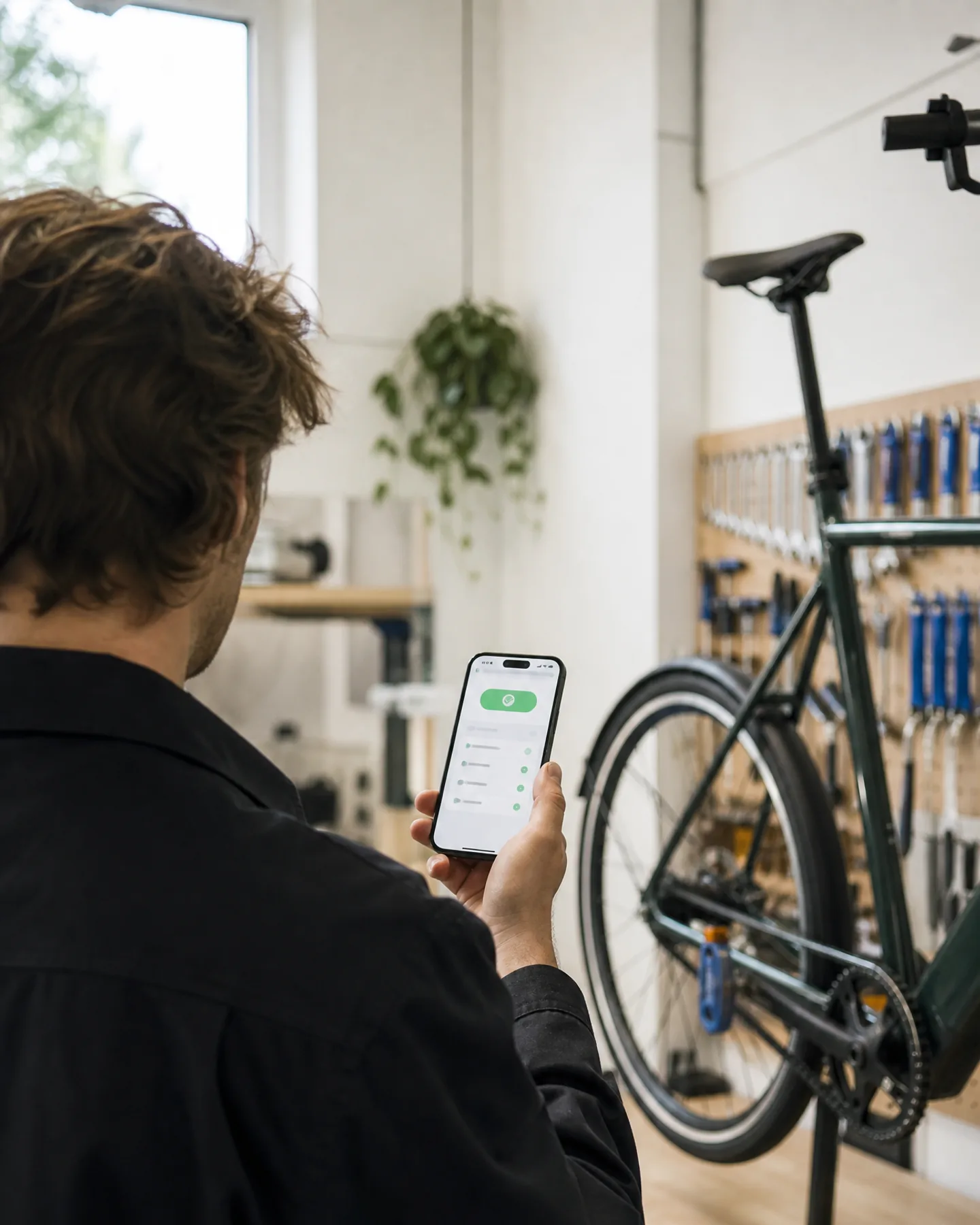 AI-gegenereerde reportagefoto: fietsenmaker leest in een lichte werkplaats een nieuwe boekingsbevestiging op zijn telefoon
