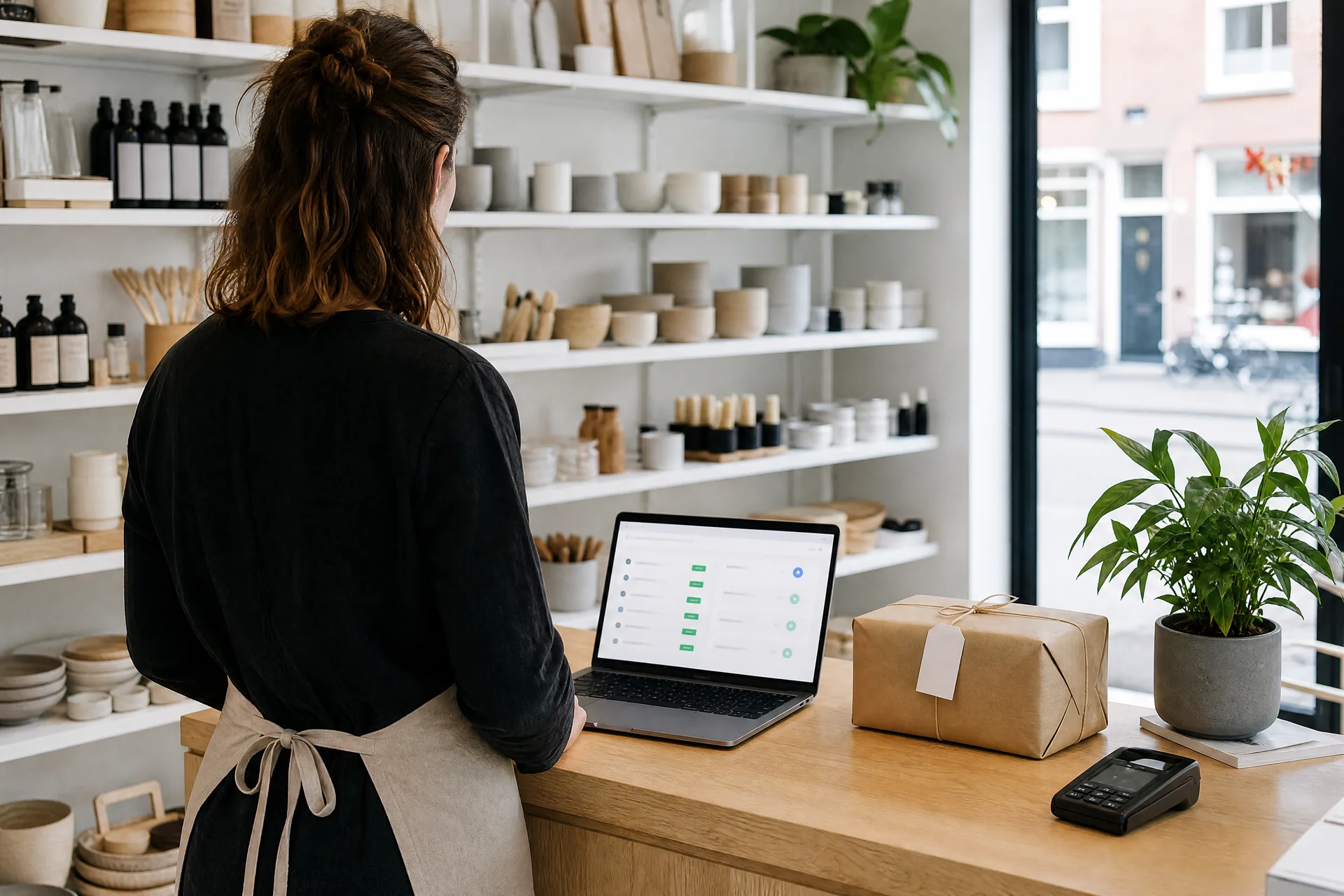 AI-gegenereerde reportagefoto: winkelier ziet op de laptop dat webshoporders en winkelvoorraad gelijklopen, pakket klaar voor afhalen naast de kassa